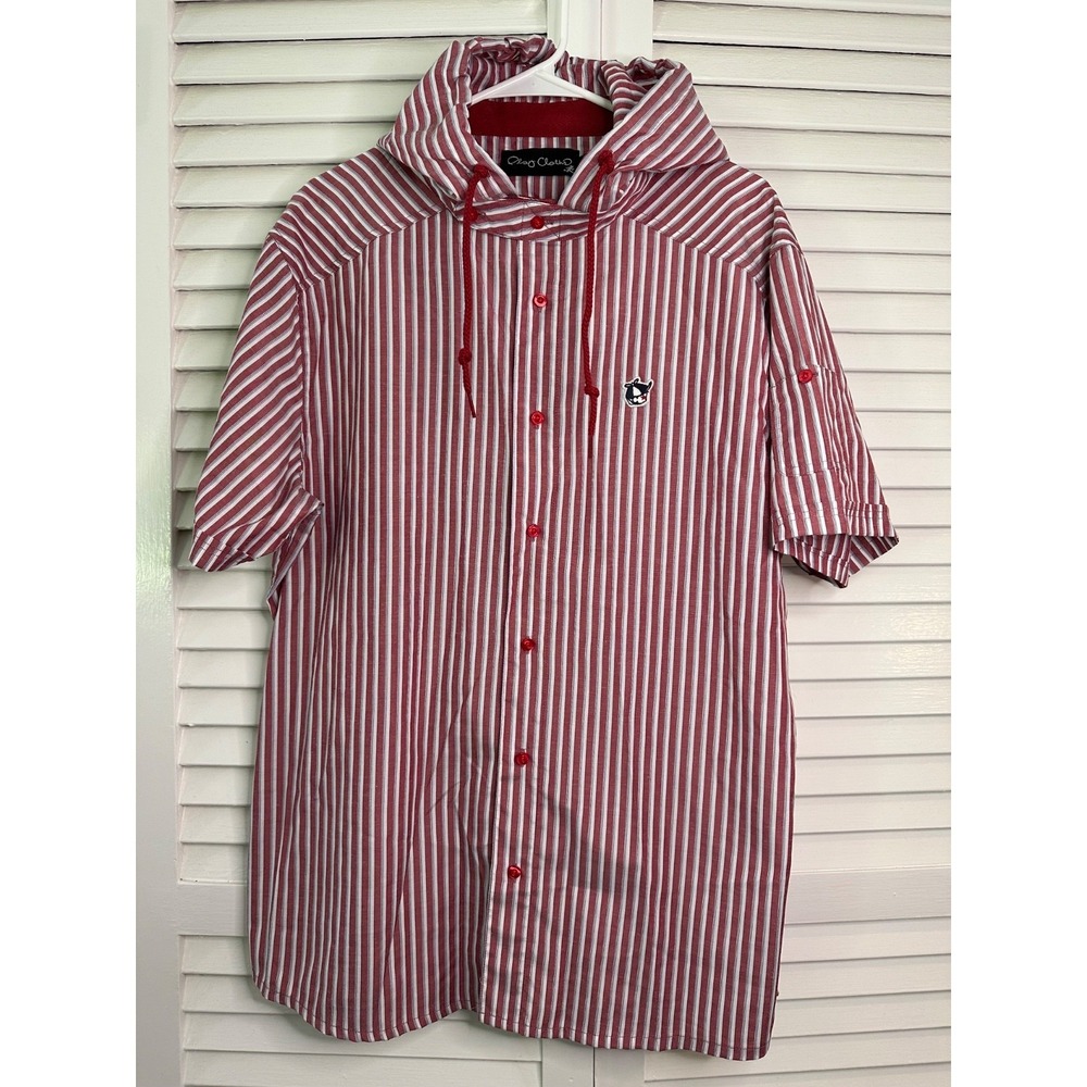 Play Cloths Size XL Red Striped Hooded Woven Short Sleeve Button Up Shirt